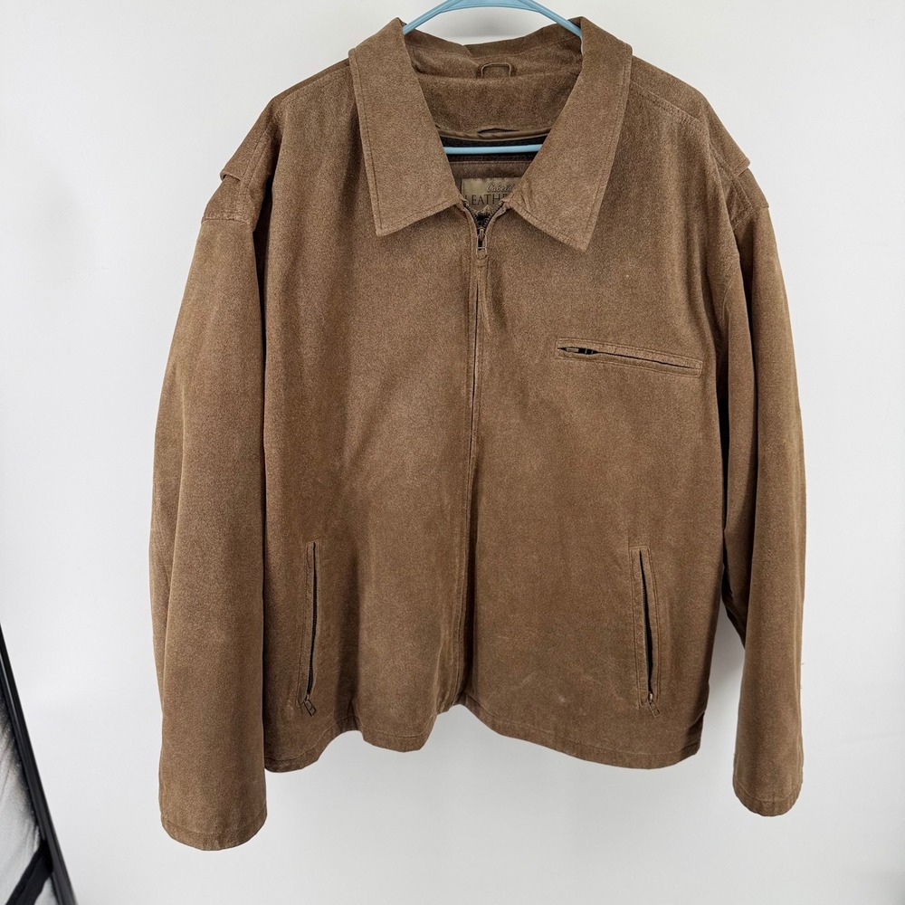 Cabelas Leather Jacket Mens 2XL Brown Genuine Leather Full Zip Harrington Coat